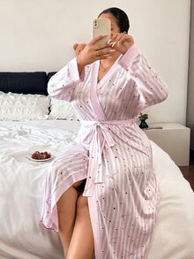 Napfluff CURVE Napfluff CURVE Striped Bow Decor Tie-Front Plus Size Robe - Baby Pink - View 7