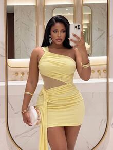 Slaydiva Plus Size Women Solid Color One Shoulder Sleeveless Ruched Ribbon Design Slim Fit Fashion Dress - Yellow - View 9