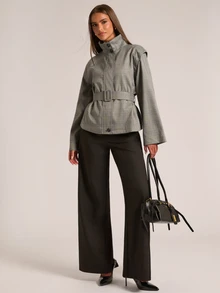 SHEIN BAE جاكيت نسائي كاجوال بنقشة مربعات مع حزام، خريف - رمادي - مشاهدة 3