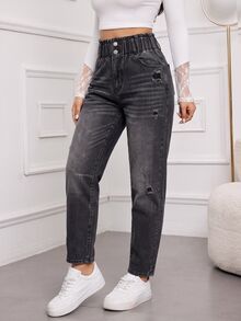 SHEIN Tall Women's High Waist Pocket Distressed Casual Versatile Denim Jeans - Black - View 8