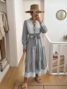 Vivid Eden Gaun Pesta Wanita Colorblock dengan Simpul Pinggang, Gaya Vintage Elegan, Cocok untuk Acara Santai, Minum Teh, dan Pesta Musim Gugur dengan Garis-Garis Hitam Putih. - Hitam dan Putih - View 7