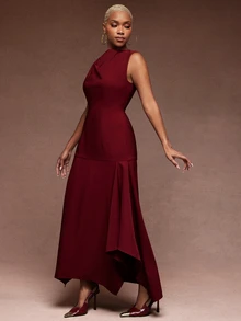 Vixey Women's Elegant Pleated Asymmetrical Hem Dress - Burgundy - View 5