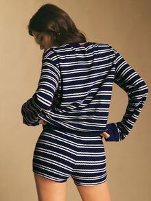 Poéselle Women's Striped Long Sleeve Top And Shorts Casual Daily 2 Pieces Set - Navy Blue - View 2