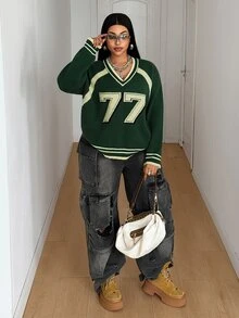 Maweii Sweater Pullover Wanita Ukuran Besar, Nomor 77, Gaya Akademik, Musim Wisuda, Musim Gugur/Dingin - MultiWarna - View 5