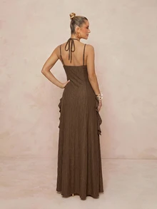 Lumalex New Knit Jacquard Tree Pattern Ruffle Trim Sleeveless Tie Halter Neck Long Dress - Brown - View 2