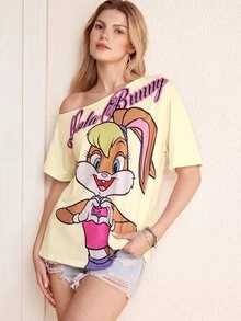 LOONEY TUNES X SHEIN 女款字母卡通印花不對稱肩休閒日常短袖T恤 - 黃色 - 查看 3