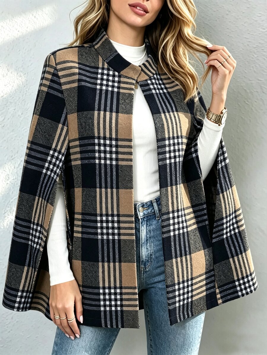 SHEIN 英式風棕黑格紋女款披風大衣 立領前開襟 寬鬆羊毛混紡中長版夾克 - 卡其色 - 查看 1