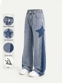 Tween Girl Y2K Grunge Punk Style Loose Fit Star Patchwork Colorblock Wide Leg Jeans, School, Streetwear - Medium Wash - View 3