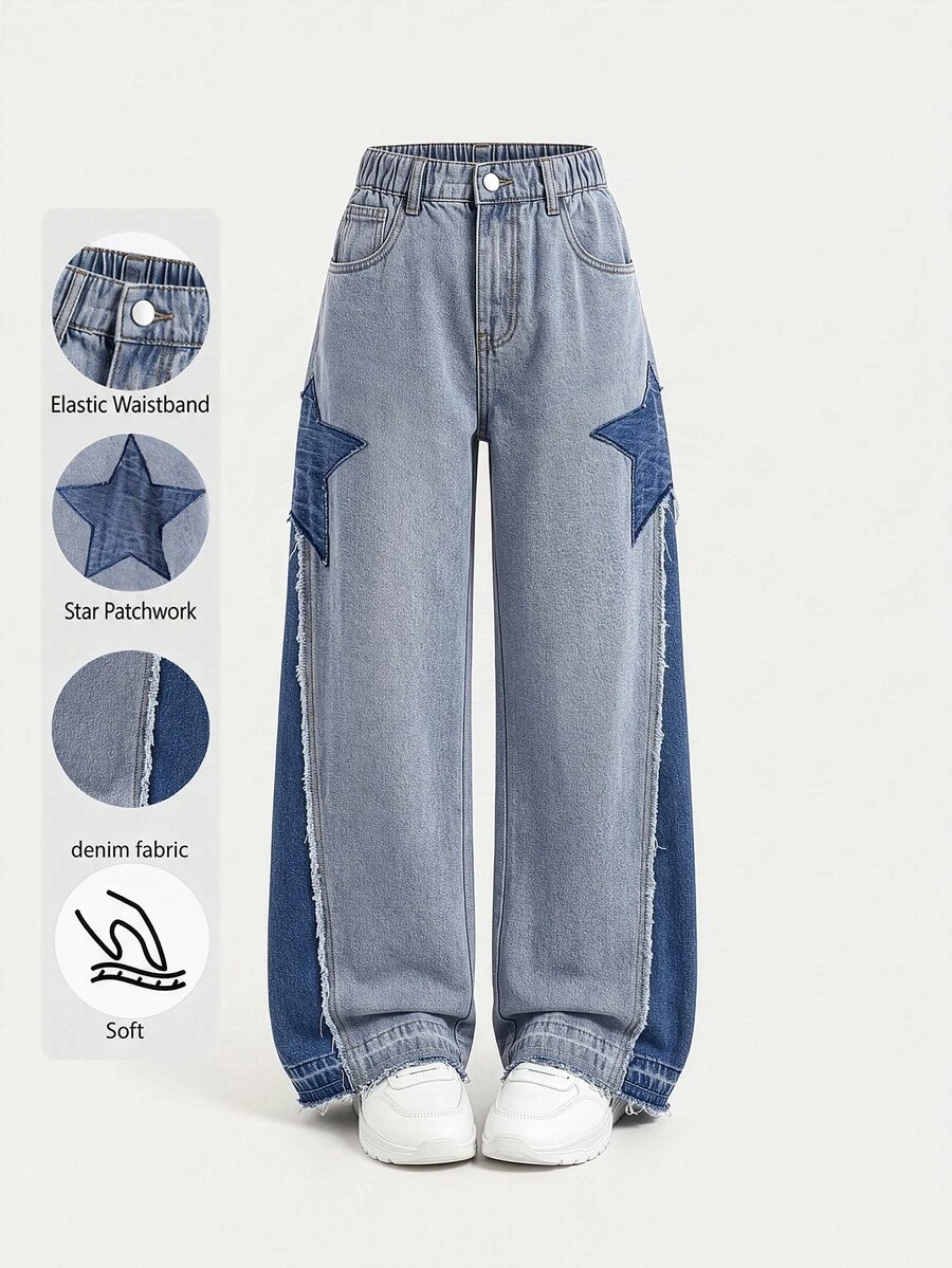 Celana Jeans Longgar Model Lebar Gaya Grunge Punk Y2K untuk Remaja Perempuan, Motif Bintang dan Blok Warna, Cocok untuk Sekolah, Pakaian Jalanan - Medium Wash - View 1