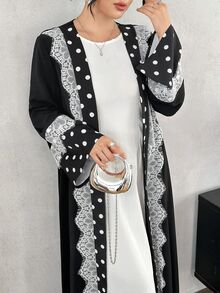 Yasmyna Cardigan Wanita Sederhana Motif Polkadot dengan Hiasan Renda Gaya Arab - Hitam - View 7