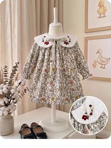 SHEIN Babygirl Cute Floral Pattern Peter Pan Collar Preppy Style Doll Dress - Multicolor - View 8