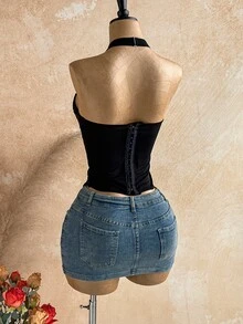 Soleia Women'S Lace Slim Fit Sexy Fashion Solid Color Halter Neck Tie-Up Vest - Black - View 2