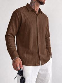 TONEVAULT Men's Solid Color Casual Versatile Long Sleeve Shirt For Daily Wear - Coffee Brown - View 1