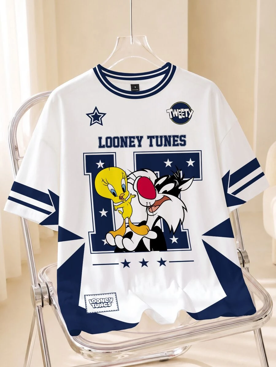 LOONEY TUNES X SHEIN Women's Cartoon Print Short Sleeve Crew Neck T-Shirt - White - View 1