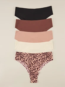 Bralution 5pcs/Pack Celana Dalam Segitiga Wanita Seksi Motif Leopard & Warna Polos Tanpa Jahitan - MultiWarna - View 4