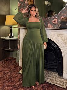 NU&NOW Plus Size Women Olive Green Sequin Mermaid Long Dress Long Sleeve V-Neck Ruched Slit Formal Evening Gown Wedding Guest Banquet Party Dress Fall - Dark Green - View 4