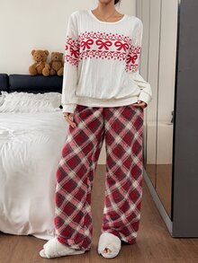 Napfluff Fleece Ribbed Top & Long Fur Red Plaid Pants Casual Cuffed Women's Pajama Set - Apricot - View 3