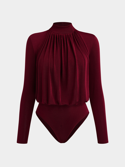 Sweetra Plus Size Burgundy Stand Collar Ruched Chest Fitted Long Sleeve Bodysuit