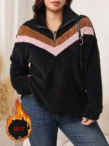 SHEIN LUNE Plus Size Fuzzy Warm Colorblock Crew Neck Pullover Sweatshirt - Multicolor - View 1