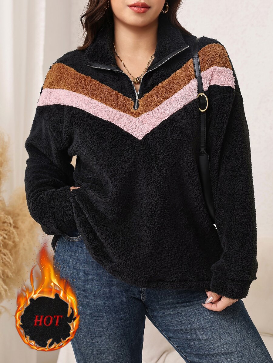 SHEIN LUNE Plus Size Fuzzy Warm Colorblock Crew Neck Pullover Sweatshirt - Multicolor - View 1