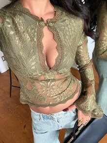 Aloruh Sexy Olive Green Lace Water Drop Neck Flare Sleeve Fitted Women's Top - Olive Green - View 3