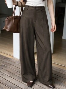 SHEIN PariChic Women's Solid Color Button & Zipper Casual Versatile Wide Leg Pants, Commuter Outfit - Brown - View 5