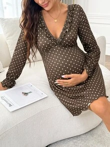 Moonlight&Mama Maternity French Polka Dot Print Ruffle Trim Nightgown - Multicolor - View 3