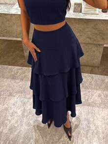 Siren Gaze Women's Navy Blue Polka Dot Exaggerated Layered Ruffle Design Long Skirt Polka Dot Skirt - Navy Blue - View 7