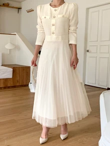 DAZY Patchwork Fitted Long Sleeve Cinched Waist Elegant Formal Korean Style Autumn/Winter Midi Dress For Women Vacation - Apricot - View 4