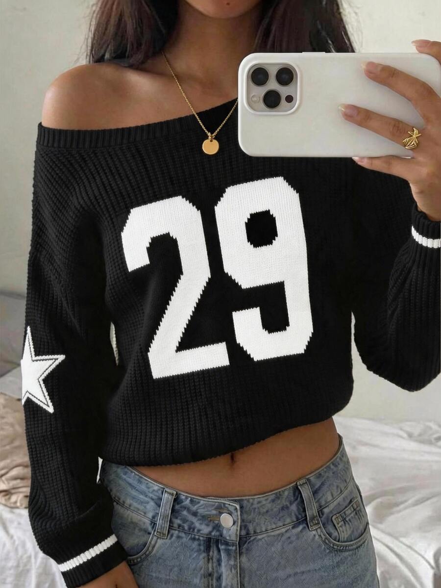 SHEIN Teen Girls Digital Jacquard Knit Fall Sweater, Minimalist Fashion Back To School Outfit - Black - View 1