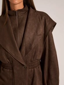 SHEIN BAE Jaket Lengan Panjang Wanita Warna Polos Kasual Serbaguna untuk Sehari-hari - Coklat - View 5