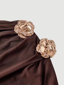 SHEIN MOD Plus Size Autumn/Winter Brown Asymmetrical Shoulder Mesh Flare Sleeve Short Dress, Vintage Romantic Elegant Outfit - Brown - View 3