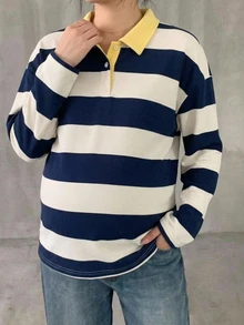 DAZY Patchwork Color Block Striped Loose Long Sleeve Lapel Collar Casual Daily Vacation Spring Autumn Maternity T-Shirt - Blue - View 5