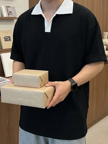 DAZY 男士短袖 Polo 衫 黑白對比色羅紋領通勤 T 恤 - 黑色 - 查看 6