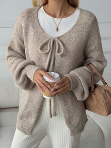 DAZY Solid Color Loose Long Sleeve Tie-Neck Round Collar Casual Vacation Korean Style Autumn/Winter Knit Cardigan For Women - Khaki - View 6