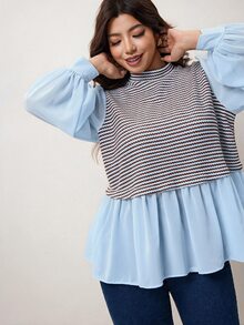 Enliva 大尺碼女款條紋撞色A字版型寬鬆長袖T恤/2026/新年 - 藍色 - 查看 6