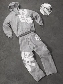 Manfinity Homme Men's Plus Size Foam Print Zip-Up Hoodie And Drawstring Waist Long Pants Set - Grey - View 8