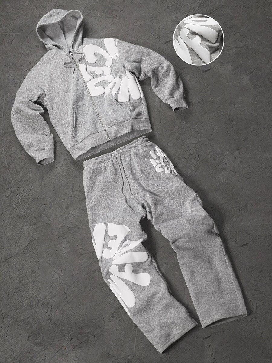 Manfinity Homme Men's Plus Size Foam Print Zip-Up Hoodie And Drawstring Waist Long Pants Set - Grey - View 1