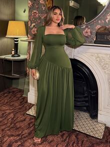 NU&NOW Plus Size Women Olive Green Sequin Mermaid Long Dress Long Sleeve V-Neck Ruched Slit Formal Evening Gown Wedding Guest Banquet Party Dress Fall - Dark Green - View 1