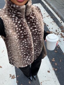 Muchica Leopard Print Fuzzy Women's Padded Coat Deer Patterned Faux Fur Fall/Winter Y2k Vintage Renaissance Christmas Festival New Year Keep Warm - Brown - View 5