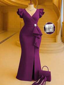 Formidée Plus Size Women's Solid Color Overlap V-Neck Ruffle Sleeve Fitted Elegant Mermaid Dress - Purple - View 1