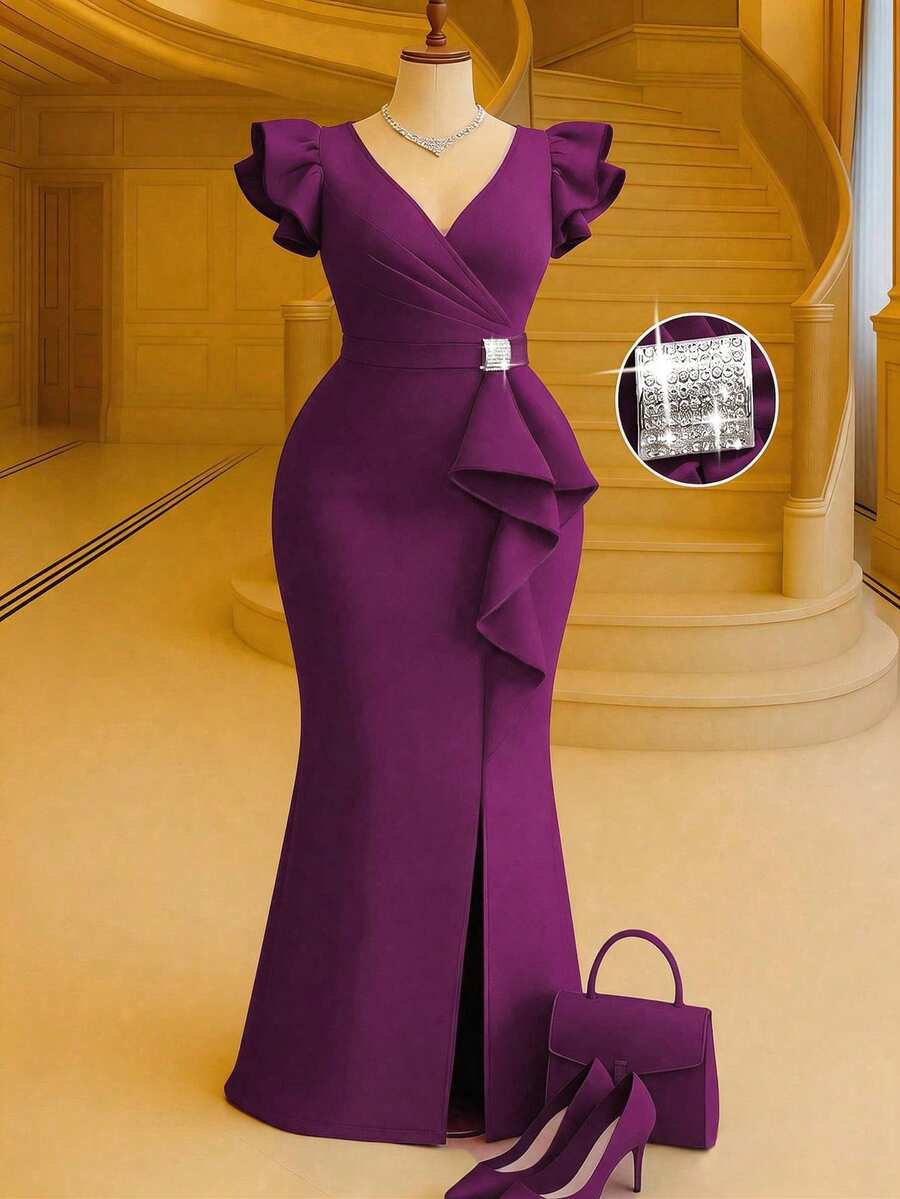 Formidée Plus Size Women's Solid Color Overlap V-Neck Ruffle Sleeve Fitted Elegant Mermaid Dress - Purple - View 1