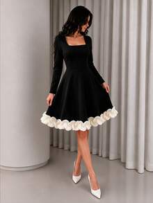 NOVVYNE Women's Short Dress, Elegant Square Neck Long Sleeve Contrast Color Ruffle Hem A-Line Black Dress Suitable For Party Birthday Outing Evening Vacation Autumn - Black - View 6