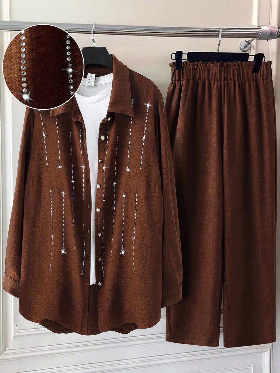 Linhara CURVE Plus Size Dark Brown Faux Linen Textured Crinkled Fabric Rhinestone Embellished Elegant Commuter Style Blouse 2 Pieces Set - Brown - View 1