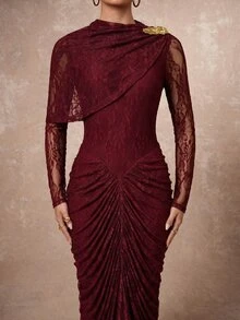 Lumalex 女款黑色蕾絲長洋裝 - 酒紅色 - 查看 4