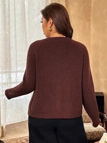 Vionelle Autumn/Winter Plus Size Brown Vertical Ribbed Knit Cardigan, Women's Round Neck Raglan Long Sleeve Front Button Loose Casual Knit Sweater Jacket - Brown - View 2