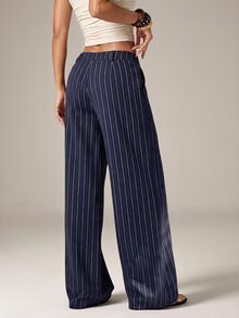 SHEIN PETITE 女款條紋口袋寬腿寬鬆休閒長褲，適合四季穿著，完美適用日常休閒、街頭時尚、約會、通勤，棕色條紋百搭女款彩色條紋外出寬腿褲 - 藏蓝色 - 查看 3
