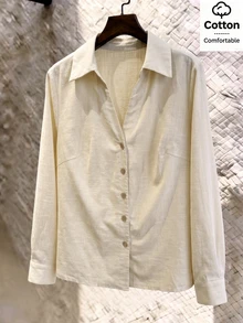SHEIN Plus Size Women's Autumn Fashion Casual Comfortable Daily All-Match Versatile Apricot Shirt - Apricot - View 6