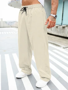 Genlund 大尺碼男士純色直筒寬鬆休閒長褲，附口袋 - 杏色 - 查看 5