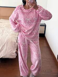 SHEIN European & American Fluffy Pajama Set For Women, Autumn/Winter Premium Flannel Loungewear - Pink - View 5
